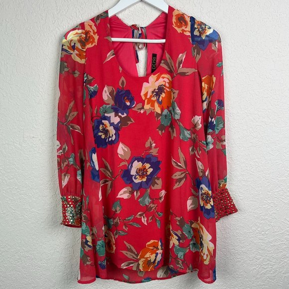 DEPRI Womens Red Floral Blouse Long Studded Cuff Sleeves Keyhole Tie Back - Picture 3 of 12
